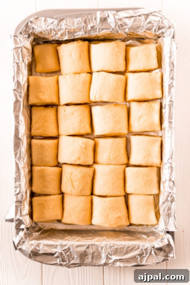 Effortless Melt-in-Your-Mouth Buttery Dinner Rolls 18 picture of dinner roll dough in baking sheet with foil