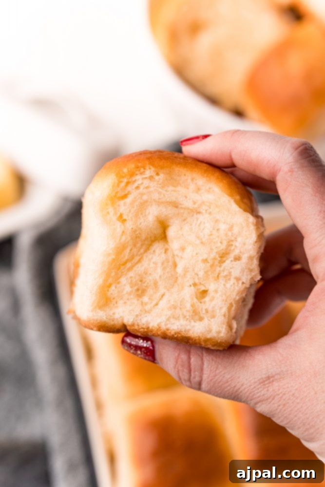 Effortless Melt-in-Your-Mouth Buttery Dinner Rolls 25 picture of hand holding dinner roll
