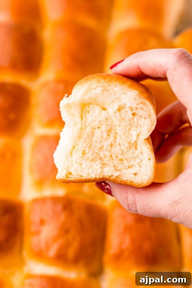Effortless Melt-in-Your-Mouth Buttery Dinner Rolls 6 picture of hand holding soft buttery roll