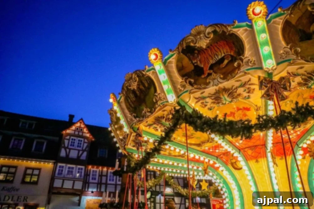 A vibrant carousel at a German Christmas market, offering whimsical rides for visitors of all ages.