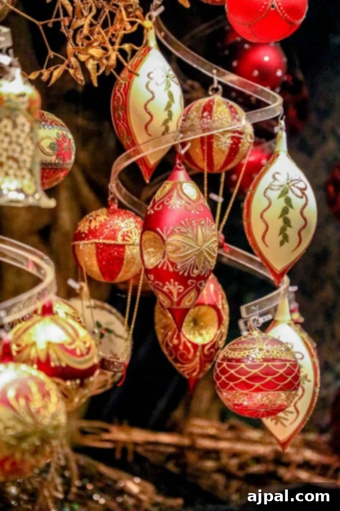 An array of exquisite German Christmas ornaments beautifully displayed at a market stall, capturing the intricate craftsmanship.