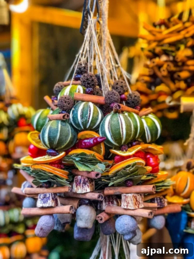A captivating display of aromatic spices and scented potpourri at a Christmas market stall in Krakow, inviting visitors to experience fragrant delights.