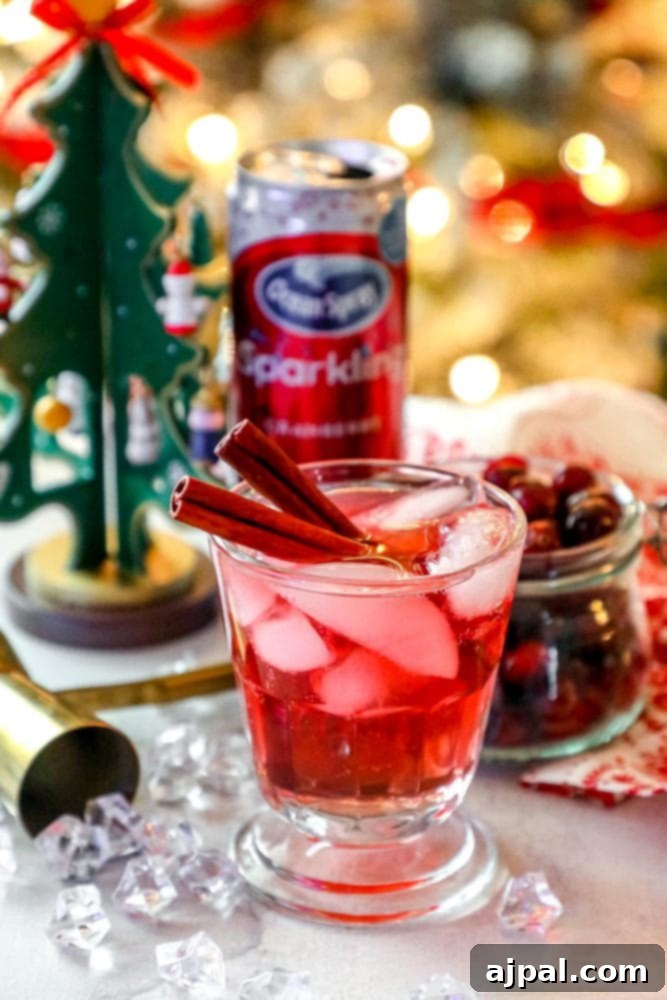 Ruby Cranberry Fizz 4 A festive glass of sparkling Christmas drink, garnished with fresh cranberries and aromatic cinnamon sticks, perfect for holiday celebrations.