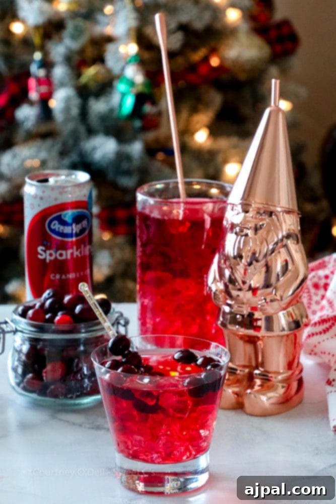 Ruby Cranberry Fizz 5 A festive sparkling cranberry mocktail, garnished with cranberries, ice, and a cinnamon stick, beside a holiday gnome.