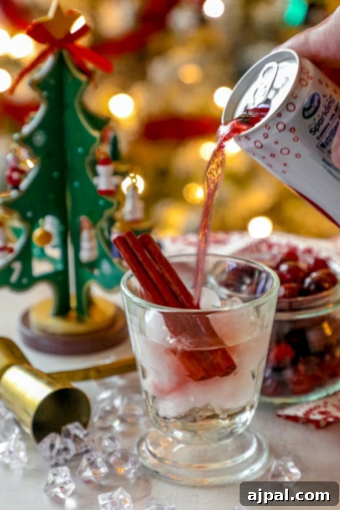 Ruby Cranberry Fizz 6 A person pouring sparkling cranberry punch into a glass filled with cinnamon sticks, ice, and fresh cranberries.