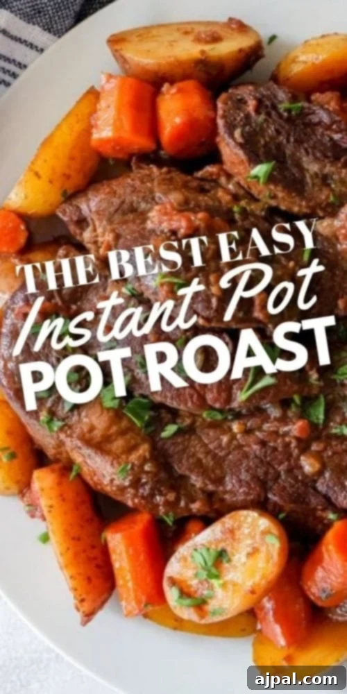 Effortless Pot Roast in Your Instant Pot 10 picture of pot roast and vegetables on a plate in front of an instant pot