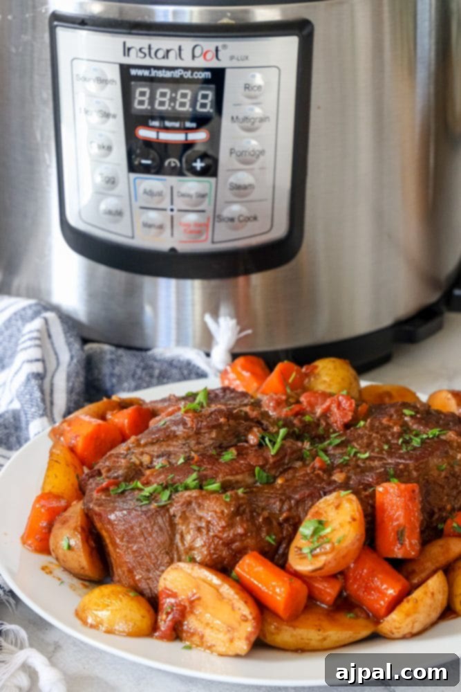 Effortless Pot Roast in Your Instant Pot 3 A plate of pot roast and potatoes cooked in an Instant Pot.