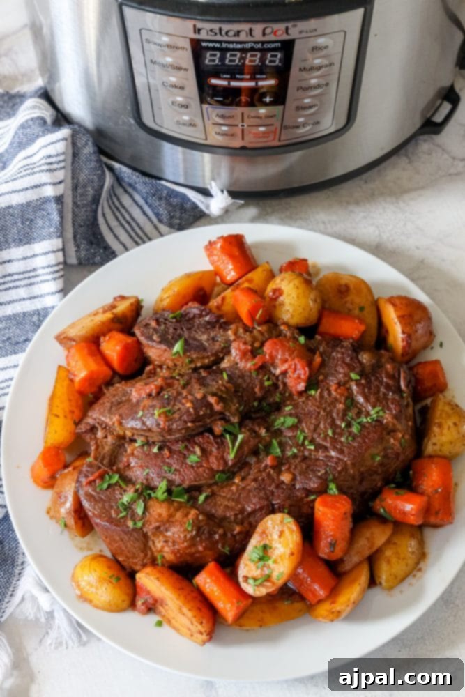 Effortless Pot Roast in Your Instant Pot 4 A plate of beef and carrots cooked in an Instant Pot.