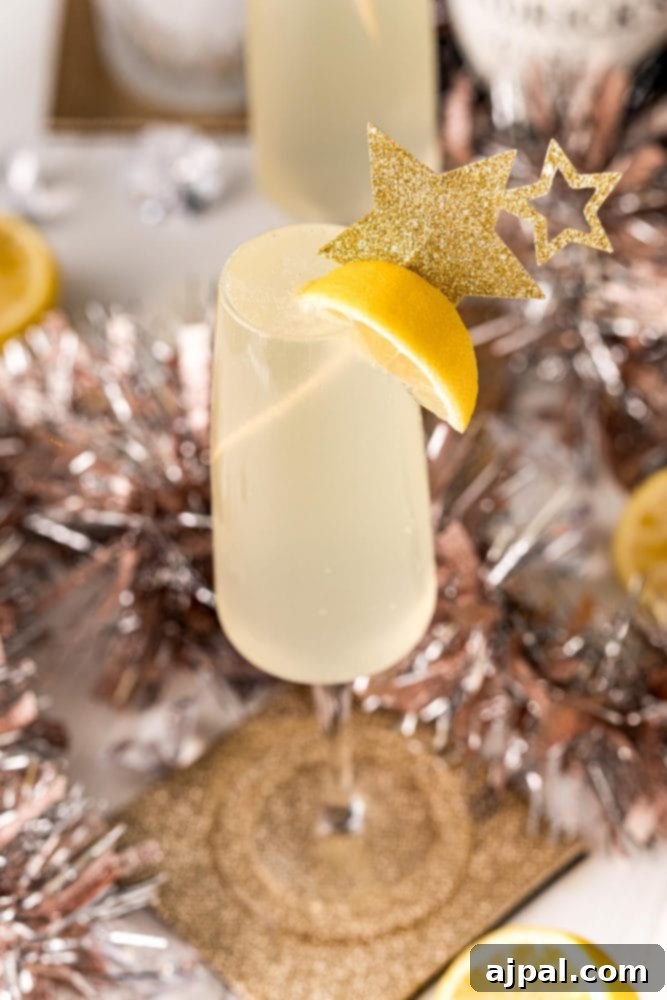 Effortless Champagne Fizz 11 fizzy lemon drink with a lemon slice in it