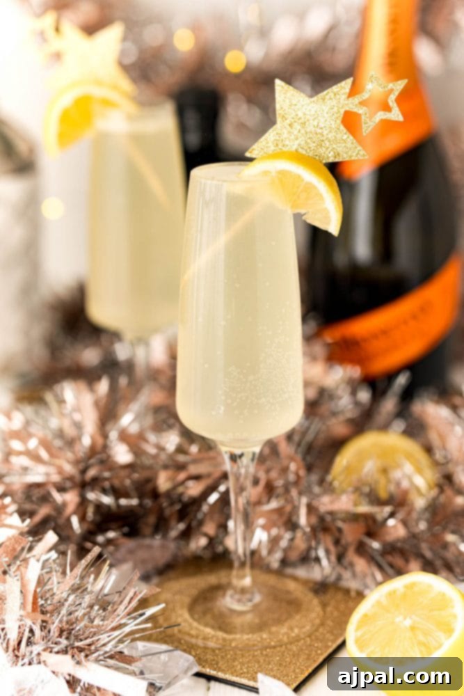 Effortless Champagne Fizz 3 fizzy lemon drink with a lemon slice in it