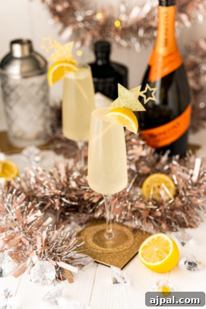 Effortless Champagne Fizz 10 fizzy lemon drink with a lemon slice in it champagne in the background