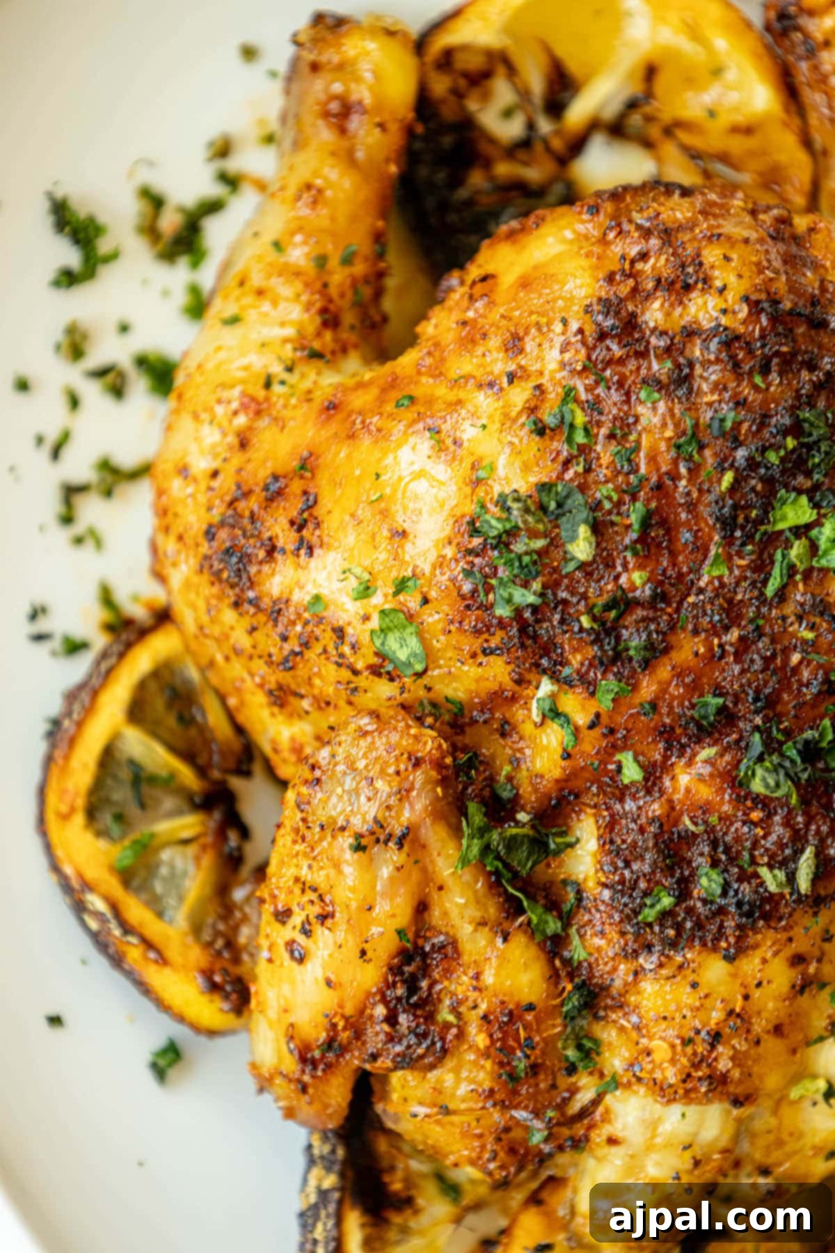 Golden Crispy Air Fryer Cornish Hen 2 Two air-fried Cornish game hens, seasoned with herbs and topped with fresh chopped parsley, elegantly presented on a pristine white plate, garnished with lemon slices.