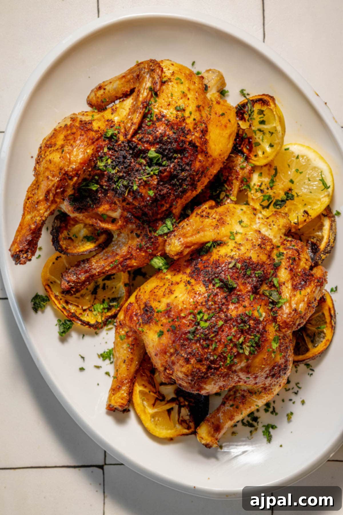 Golden Crispy Air Fryer Cornish Hen 11 Two exquisitely air-fried Cornish game hens, seasoned with fragrant herbs and adorned with chopped parsley, presented on a white plate with lemon garnishes.