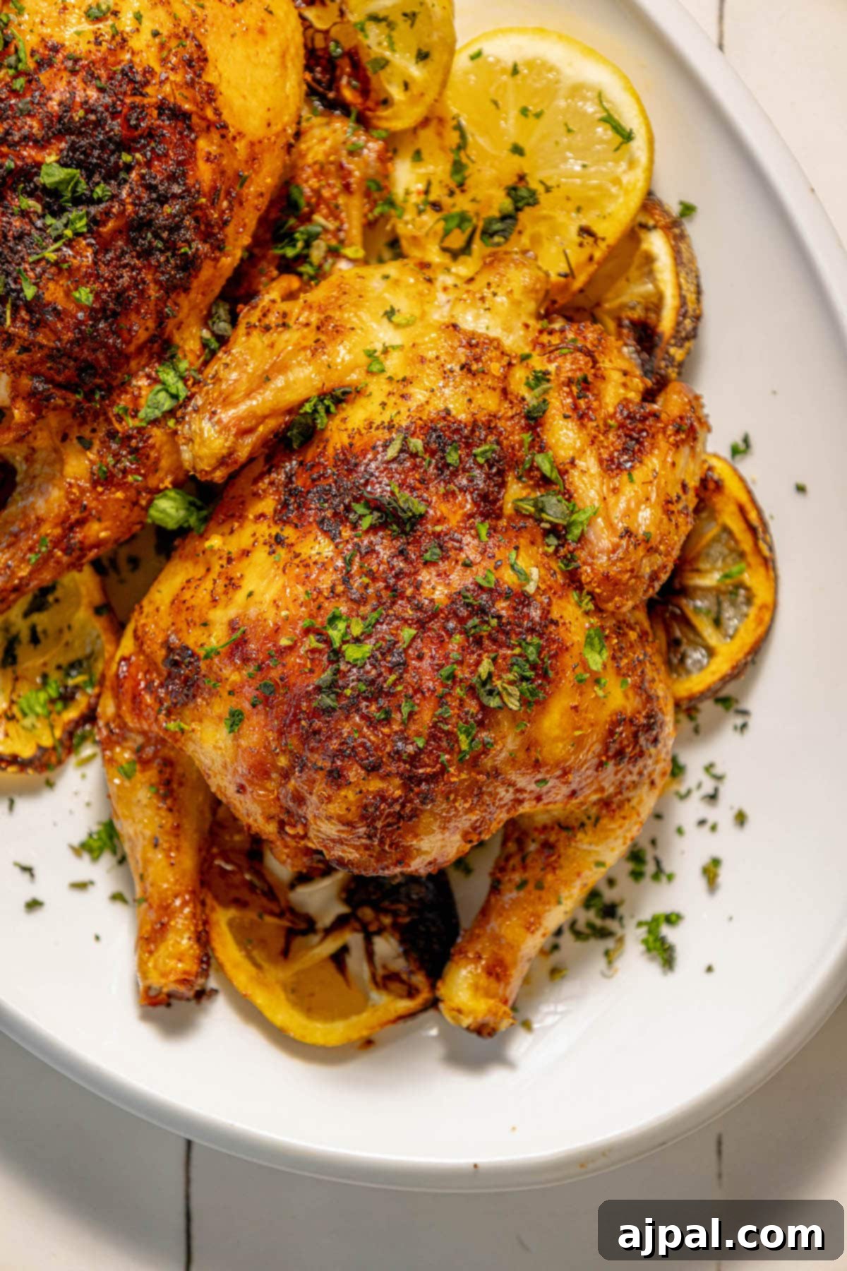 Golden Crispy Air Fryer Cornish Hen 12 A beautifully roasted Cornish game hen, seasoned with herbs and presented on a white plate alongside vibrant lemon slices, showcasing a perfect golden-brown crisp skin.