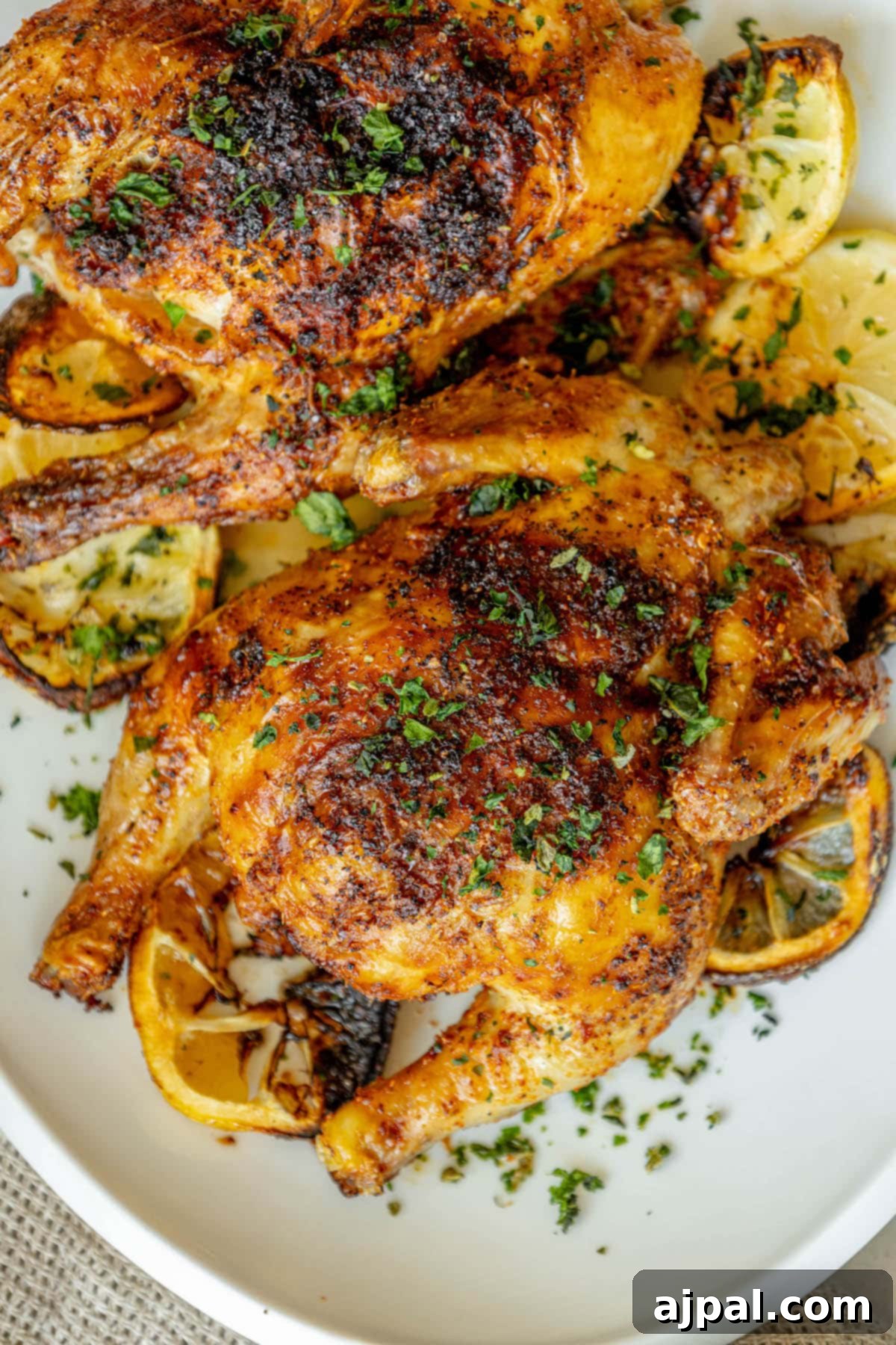 Golden Crispy Air Fryer Cornish Hen 13 A perfectly air-fried Cornish game hen, seasoned with herbs and topped with fresh chopped parsley, elegantly presented on a white plate with lemon slices.