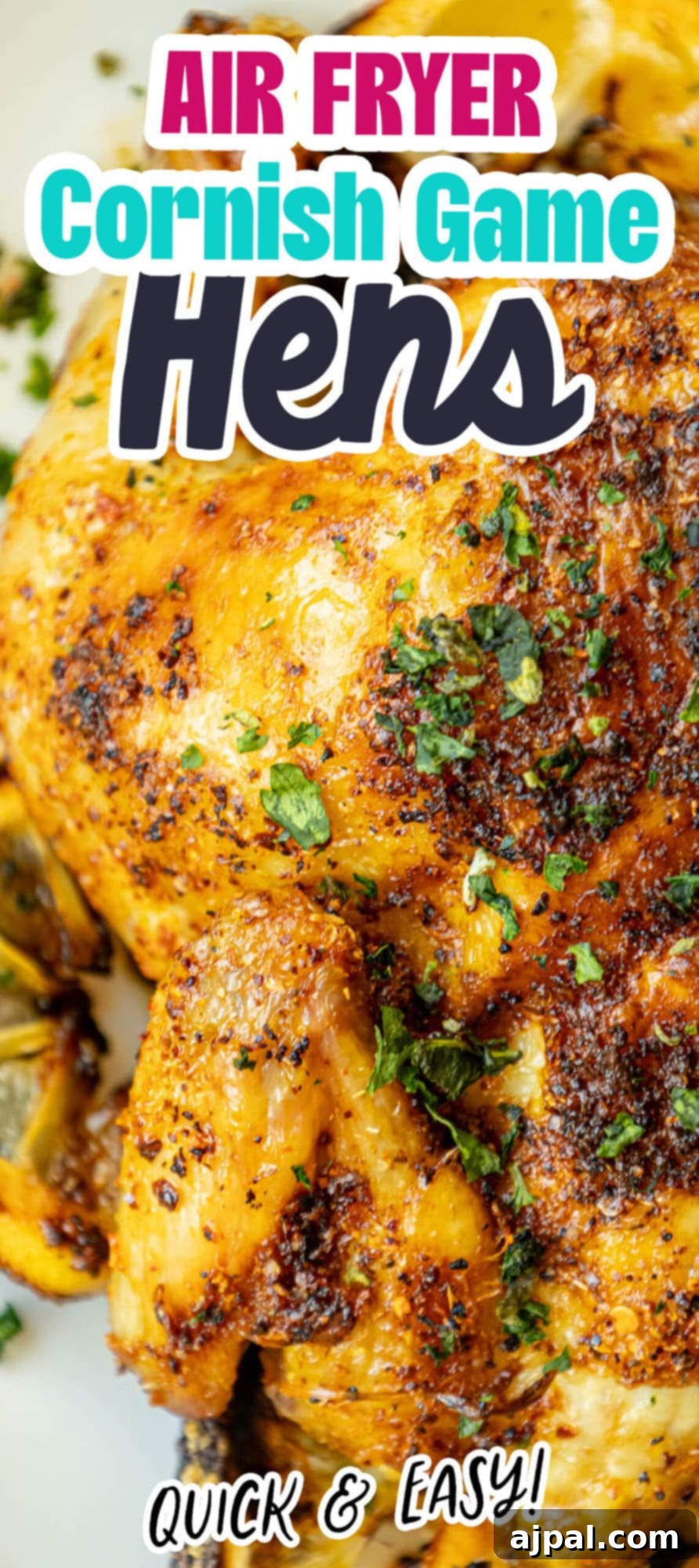 Golden Crispy Air Fryer Cornish Hen 14 The best easy air fryer Cornish game hens recipe, showcasing a perfectly cooked hen with crispy skin and herbs.