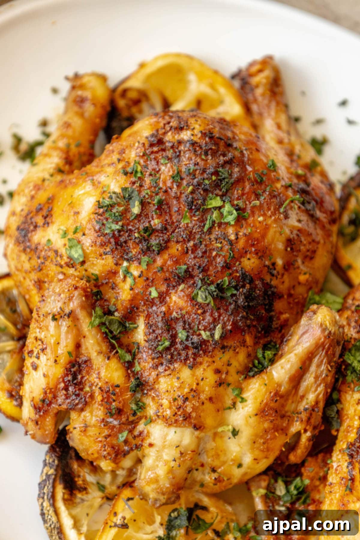 Golden Crispy Air Fryer Cornish Hen 4 A perfectly roasted Cornish game hen, seasoned with herbs and garnished with fresh chopped parsley, presented beautifully on a white plate alongside vibrant lemon slices.