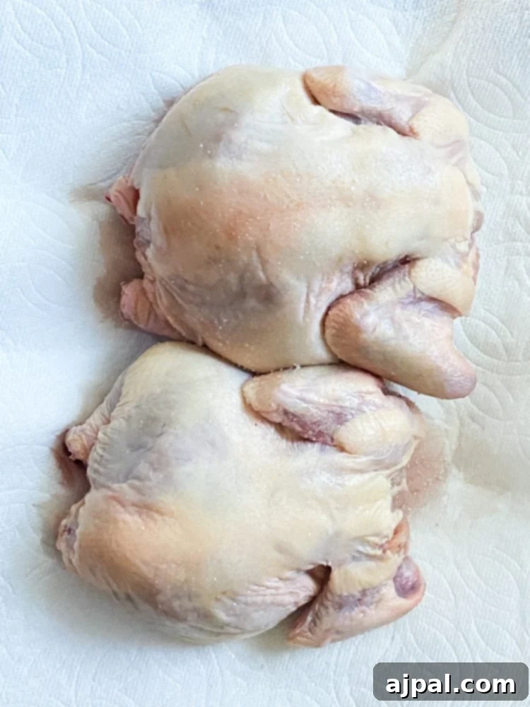 Golden Crispy Air Fryer Cornish Hen 5 Raw Cornish game hens prepared on paper towels for seasoning.