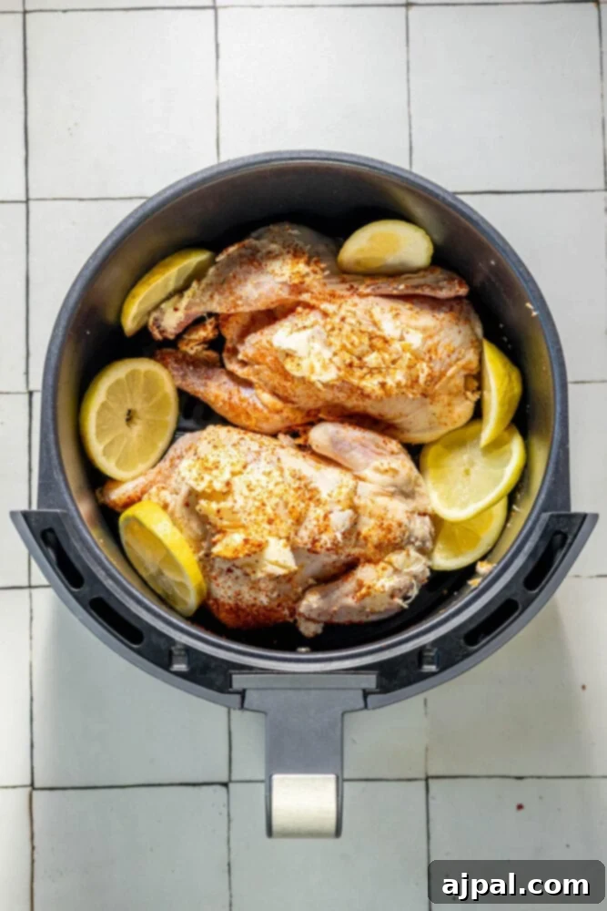 Golden Crispy Air Fryer Cornish Hen 9 Raw Cornish game hens in an air fryer basket, seasoned and surrounded by sliced lemons, ready for cooking.