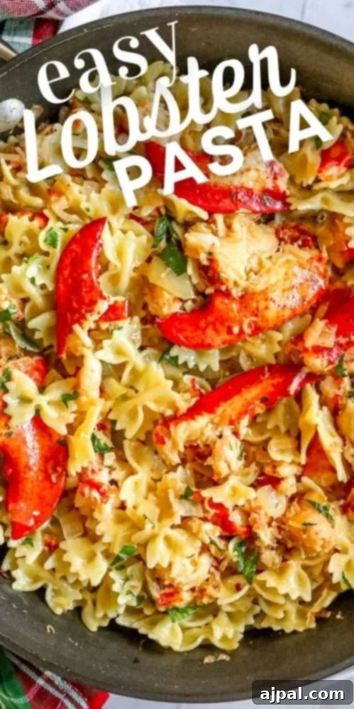 Close-up of easy lobster pasta, showcasing the rich sauce and tender lobster.