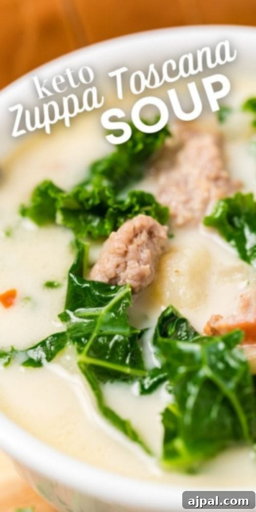 Simple Creamy Keto Tuscan Kale Soup 14 A vibrant image of the prepared Keto Zuppa Toscana soup recipe, showcasing its creamy texture and hearty ingredients.