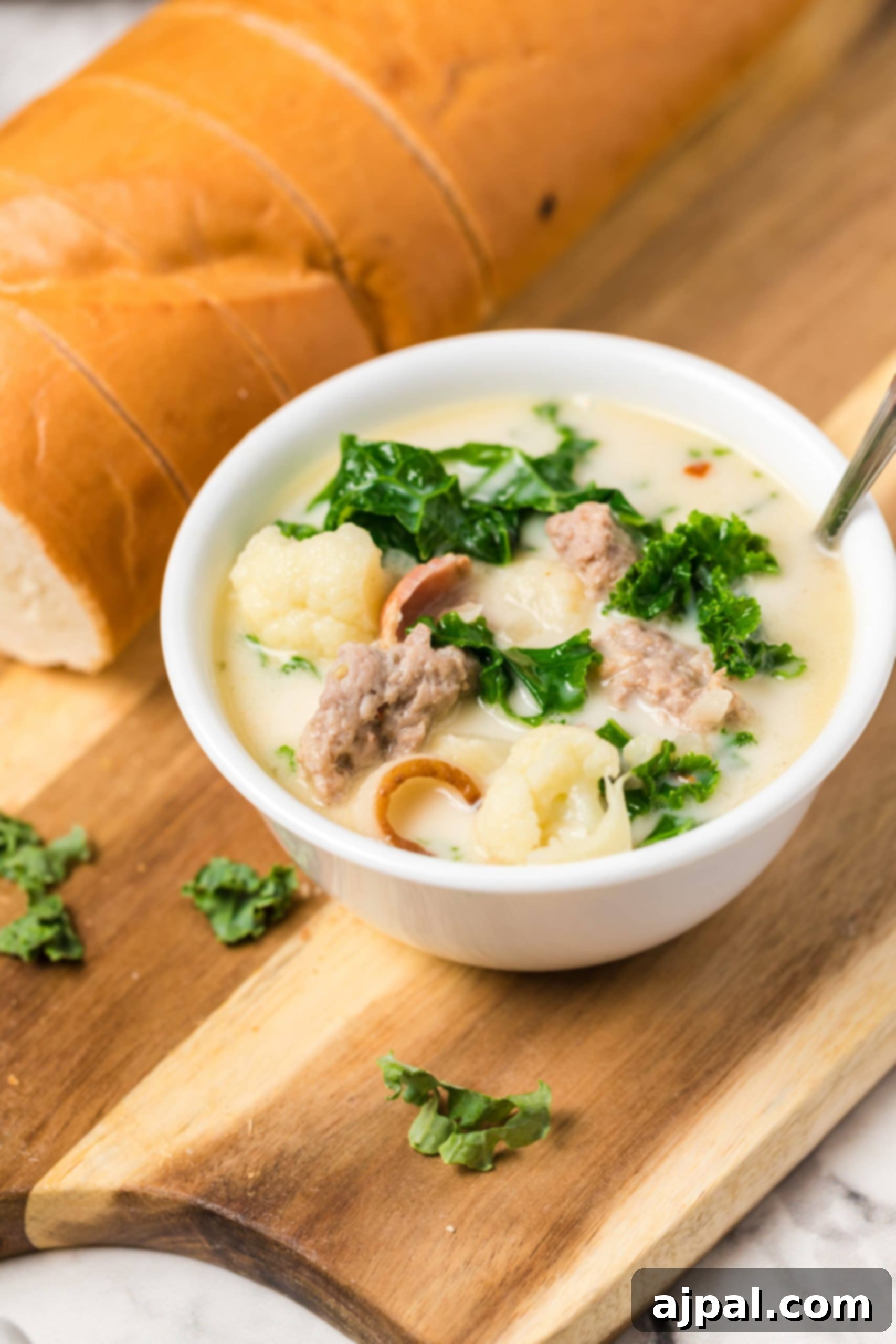 Simple Creamy Keto Tuscan Kale Soup 5 A bowl of Easy Keto Tuscan Kale Soup served alongside slices of keto bread on a wooden cutting board.