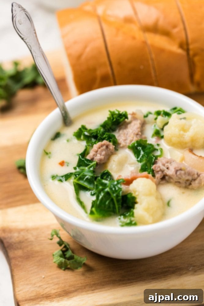 Simple Creamy Keto Tuscan Kale Soup 8 A cutting board holds a bowl of Keto Zuppa Toscana with rich broth, sausage, and kale, garnished attractively.