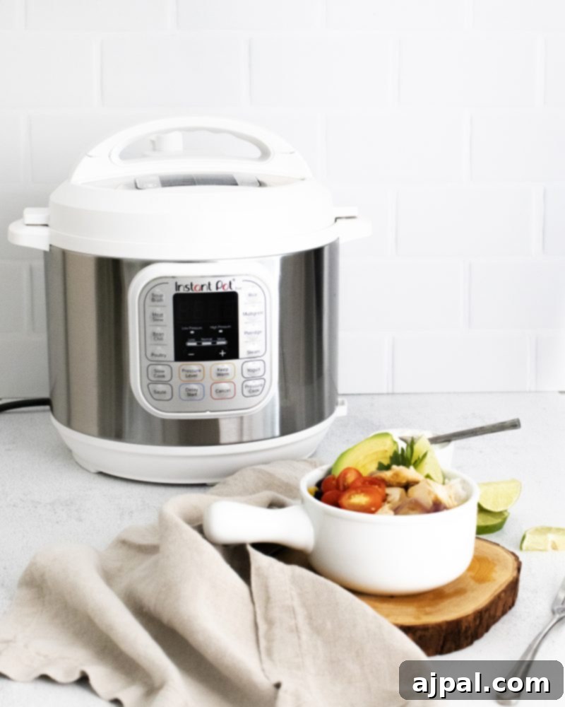 An Instant Pot sits beside a vibrant bowl of Instant Pot Chicken Fajita, garnished with fresh cilantro, providing a tempting visual of a healthy and quick meal.