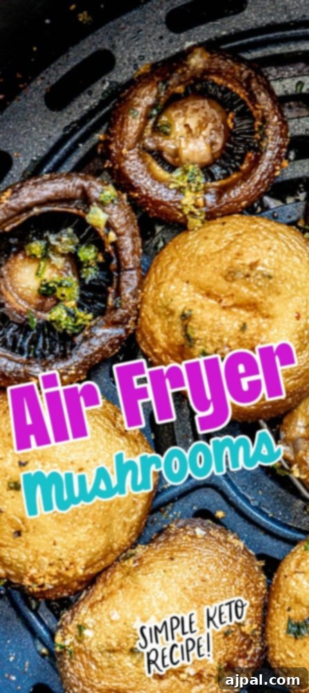 The Best Air Fried Mushrooms Recipe presented on an air fryer grill, with text overlay 'Air Fryer Mushrooms'.