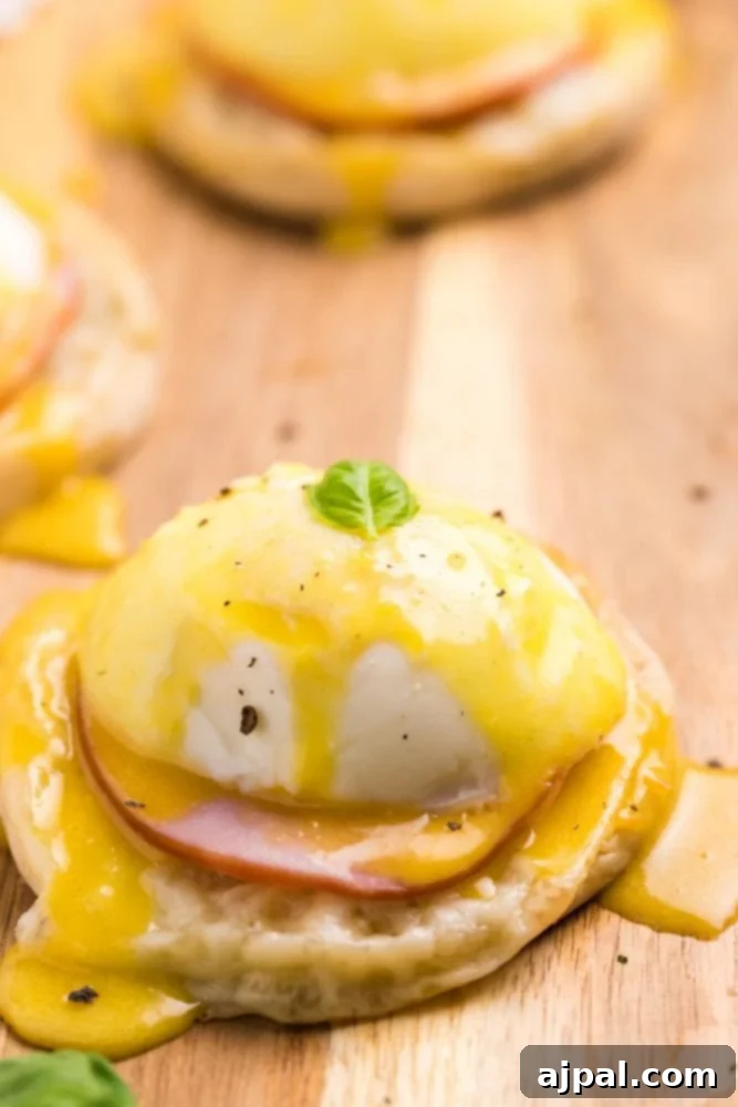 A beautifully presented Eggs Benedict on an English muffin, topped with Canadian bacon, a perfectly poached egg, and creamy hollandaise sauce.