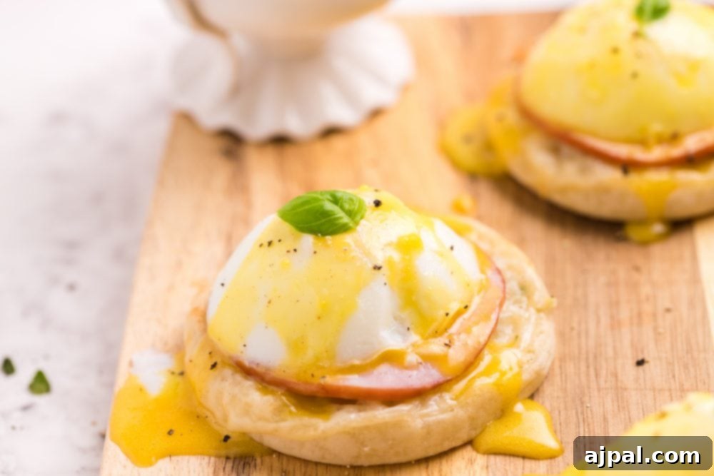 A delicious keto Eggs Benedict served on a wooden cutting board, featuring a low-carb bread alternative, Canadian bacon, poached egg, and hollandaise sauce.