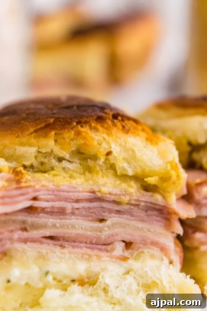 up close picture of ham and cheese slider.