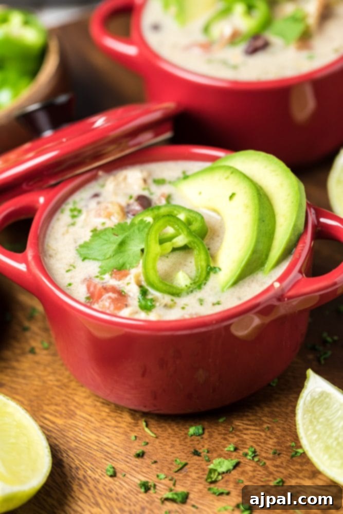 Slow cooker chicken enchilada soup with avocados and limes, ready to be served.