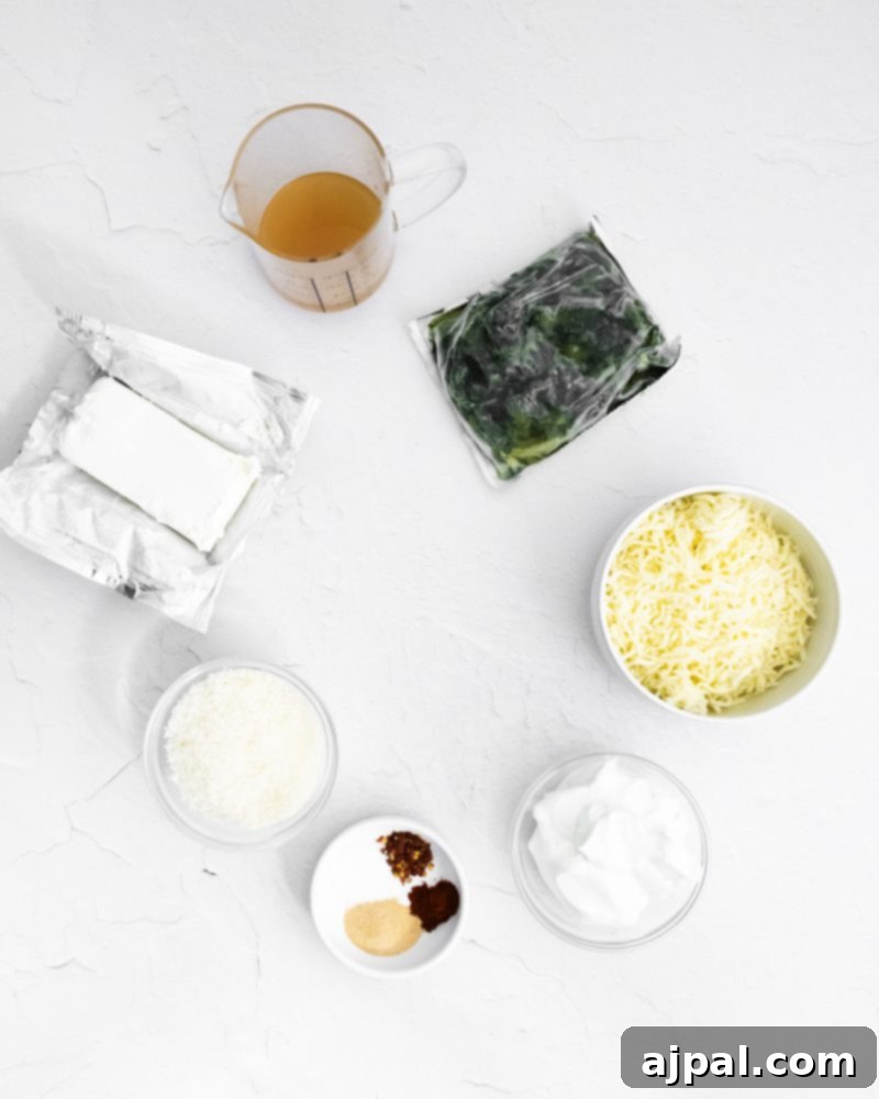 Creamy Instant Pot Spinach Dip 4 An assortment of ingredients for an instant pot spinach dip, including cheese, sour cream, and spices, neatly arranged on a table.