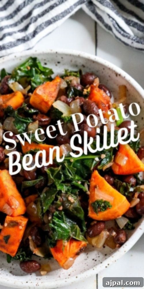A final close-up of the delicious Sweet Potato, Kale, and Black Bean Skillet, ready to be devoured.