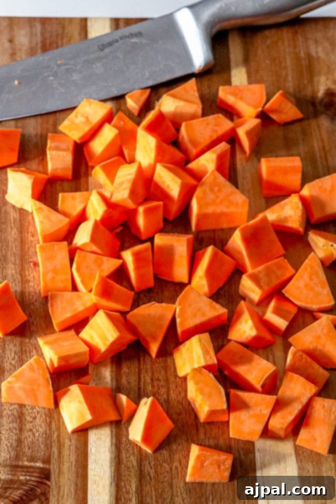 Comforting Sweet Potato, Kale & Black Bean Skillet 5 sweet potatoes diced