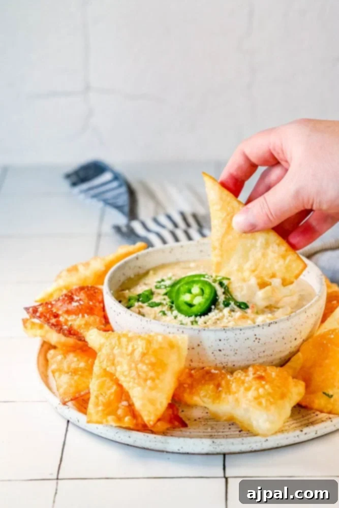 Hamburger White Queso Dip 2 A person enjoying a homemade white cheese hamburger queso dip with tortilla chips, garnished with fresh jalapenos and cilantro.