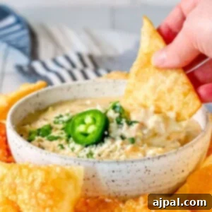 A person dipping a tortilla chip into a bowl of homemade white queso dip with ground beef and peppers.