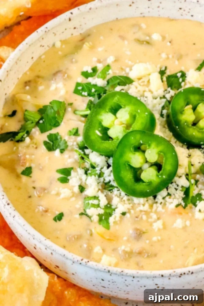 Hamburger White Queso Dip 5 A vibrant bowl of cheesy white queso dip, garnished with sliced jalapenos and cilantro, ready to be enjoyed with tortilla chips.