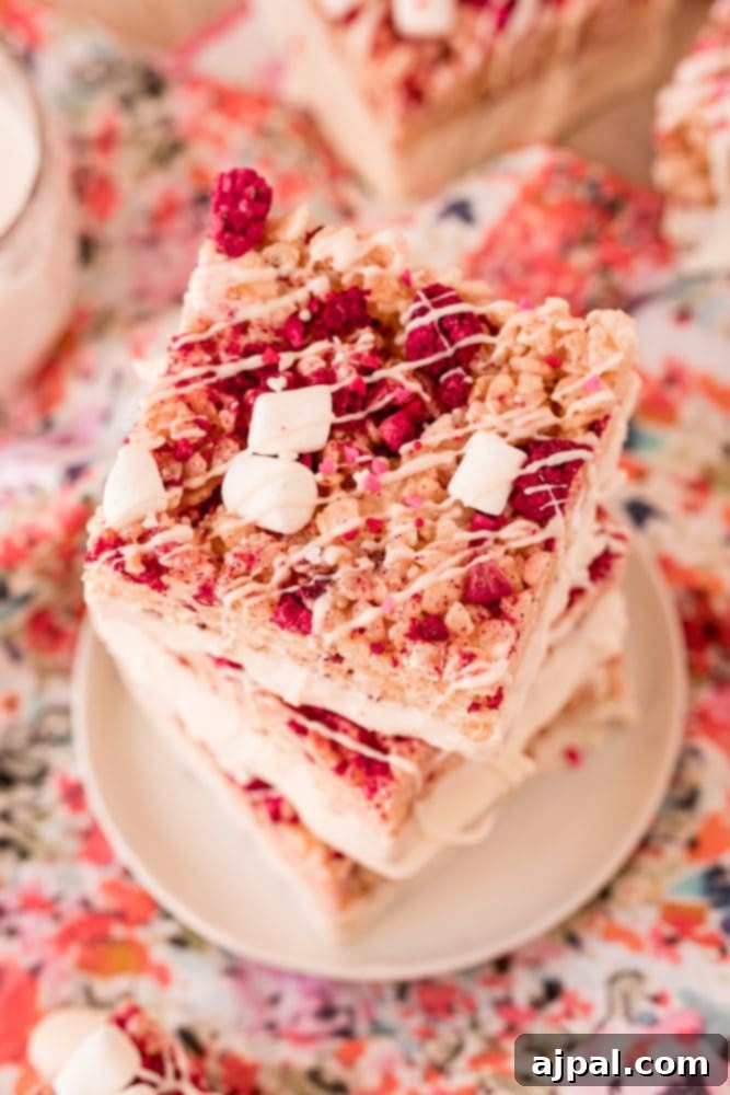 White Chocolate Raspberry Krispie Delights 2 Pink rice Krispie treat with marshmallows, freeze-dried raspberries, and white chocolate drizzle, ready to be enjoyed.