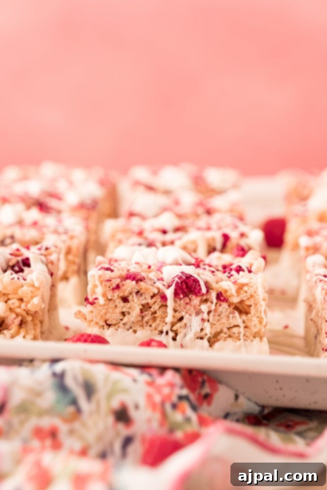 White Chocolate Raspberry Krispie Delights 7 White chocolate raspberry Rice Krispie treats arranged neatly on a pristine white plate, showcasing their vibrant colors and appealing texture.