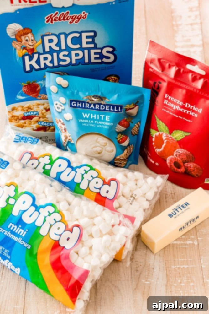 White Chocolate Raspberry Krispie Delights 8 A Kellogg’s white chocolate raspberry Rice Krispie treat kit, showing the ingredients laid out.