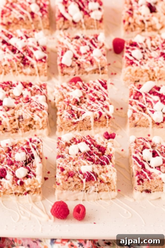 White Chocolate Raspberry Krispie Delights 3 A plate featuring a stack of delicate pink Rice Krispie treats, each adorned with visible marshmallows, freeze-dried raspberries, and a elegant drizzle of white chocolate.