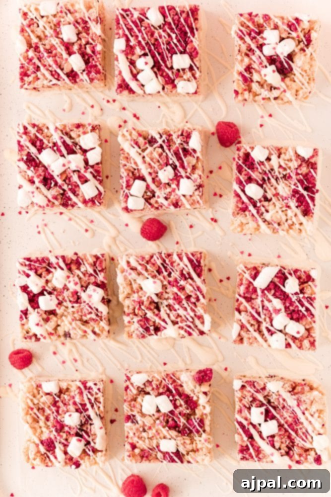 White Chocolate Raspberry Krispie Delights 5 White chocolate dipped Rice Krispie treats, generously studded with raspberries, creating a vibrant and delicious contrast.