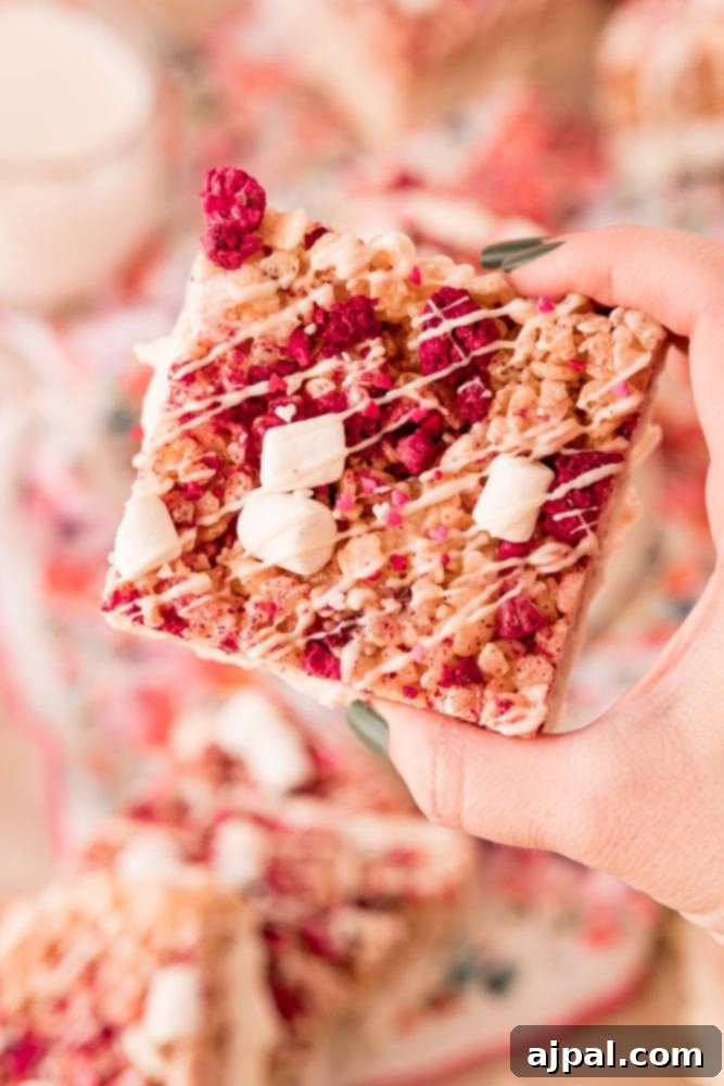 White Chocolate Raspberry Krispie Delights 6 A hand holding a white chocolate-dipped Rice Krispies treat, adorned with visible raspberries and marshmallows, showcasing its delightful texture.