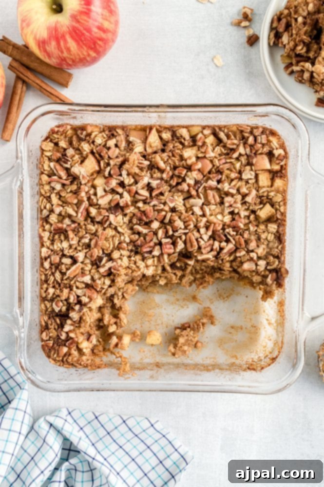 An inviting view of an easy baked apple oatmeal, infused with cinnamon and studded with tender apple pieces, presented in an elegant glass baking dish.