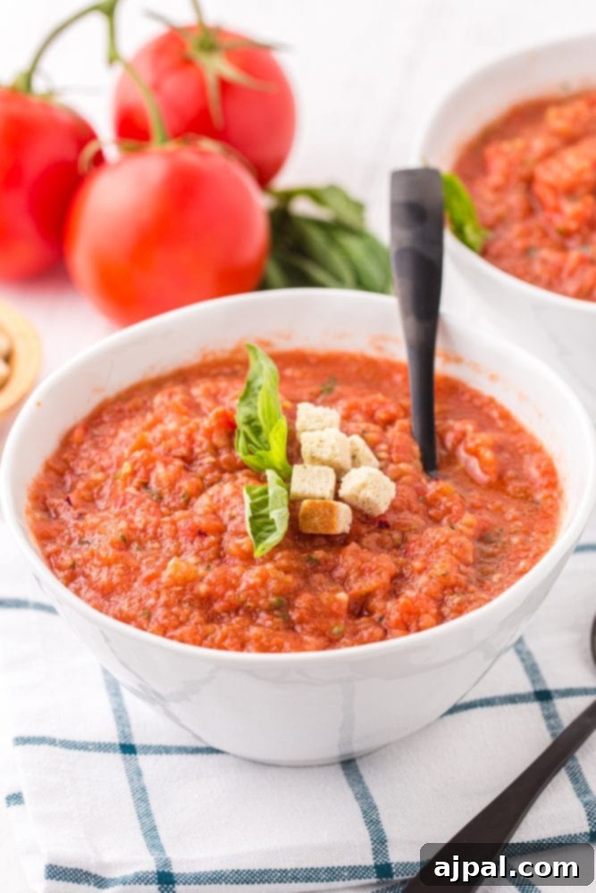 Two bowls of cold gazpacho soup on a table, garnished with fresh basil and croutons, ready to be enjoyed.