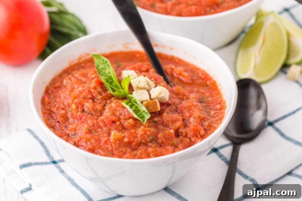 Refreshing tomato gazpacho soup with fresh basil leaves for garnish, showcasing its vibrant color and appeal.