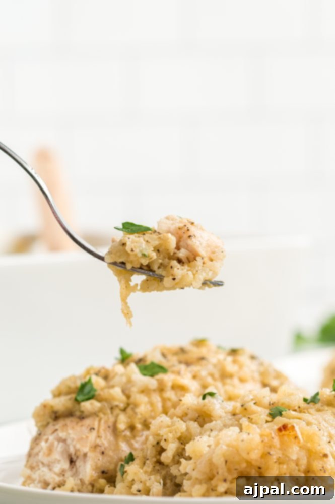 Flavorful One-Pan Chicken and Rice Bake 3 A close-up shot of a delectable chicken and rice casserole, steaming hot and ready to serve, cooked in a single pot for convenience.
