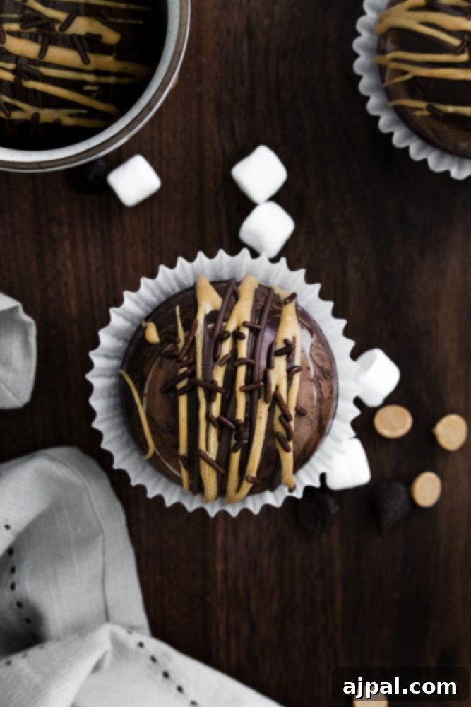Decadent Peanut Butter Hot Cocoa Bombs 2 Peanut butter hot chocolate bombs with peanut butter and chocolate sprinkles, marshmallows in the background, a perfect blend of rich chocolate and creamy peanut butter.